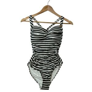 NIP TUCK sz 4 Swim Suit Striped Ruching Padded Twist Front Tummy Control Black +